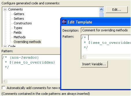 Code templates preference page