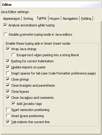 Java editor typing preference page