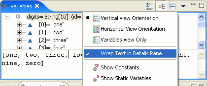 Word wrap action in Variables view drop-down menu